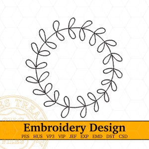 Wreath Embroidery design, hand drawn floral leaf simple machine design pes hus vp3 vip jef exp emd dst files, embroidery pattern files