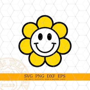 Old School Smiley Flower Svg Png Archivos cortados e impresos para Cricut Silhouette Glowforge Proyectos artesanales DIY, Diseño de camiseta de los años 90 Descarga digital