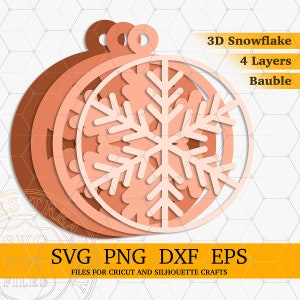 3D geschichtete Weihnachten Schneeflocke Kugel/Kugel Ornament SVG Png Dxf Eps Dateien, Weihnachtsbaum Ornamente SVG Dateien für Cricut und Silhouette