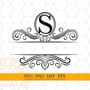 Letra dividida S Monograma Svg, Carta de florescimento extravagante Svg, Moldura de sobrenome dividida, Arquivos Dxf cortados com gravação a laser, Monograma imprimível transparente png