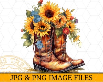 Illustrazione di stivali da cowboy e girasoli ad acquerello, design PNG stampabile per sublimazione, download digitale.