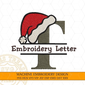 May include: An embroidered design featuring the letter "F" with a Santa hat. The letter is olive green, and the hat is red with a white trim. The text "Embroidery Letter" is below the hat and letter.