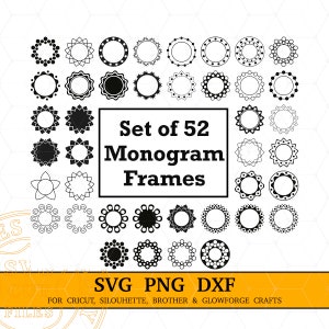 May include: A set of 52 black and white monogram frames. The frames are in various shapes and sizes, including circles, squares, and stars. The text "Set of 52 Monogram Frames" is written in black text on a white background.