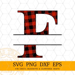 Buffalo Plaid Letter F Split Monogram SVG, Christmas Monogram Svg, Family Name Frame Letter Svg Files para Cricut Sublimation Letters Png