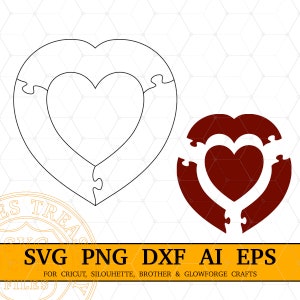 Modelo de quebra-cabeça de coração em coração Svg Png AI Eps Dxf arquivos, arquivos cortados a laser, arquivo de corte de quebra-cabeça em formato de coração, quebra-cabeça de 4 peças para impressão