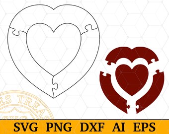 Heart in Heart Puzzle Template Svg Png AI Eps Dxf files, Laser cut files, Heart Shape Jigsaw Puzzle Cut File, 4 pieces printable puzzle