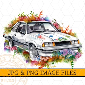 Watercolor Mustang Png Sublimation Image Jpg Floral Classic Fox Body Mustang Illustration Printable Shirt Printing Design png clipart