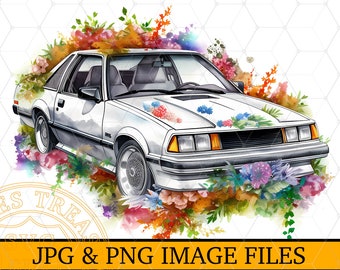 Classic Fox Body Floral Mustang Watercolour Illustration, Car Clipart PNG, JPG, Digital Download