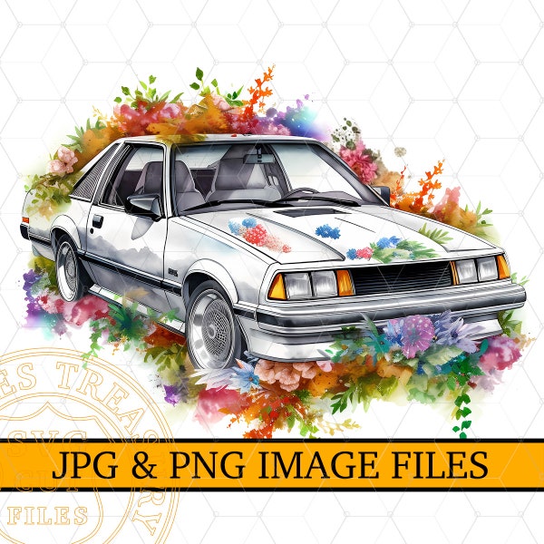 Watercolor Mustang Png Sublimation Image Jpg Floral Classic Fox Body Mustang Illustration Printable Shirt Printing Design png clipart