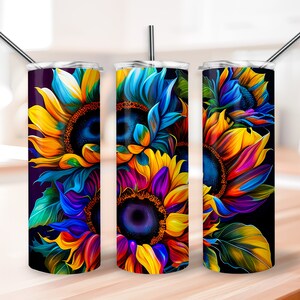 Alcohol Ink Sunflowers Tumbler Wrap Design, Rainbow Tumbler, 20oz Straight Skinny Tumbler Wrap PNG, 9.2 x 8.3” Sublimation Design PNG