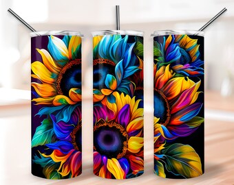 Alcohol Ink Sunflowers Tumbler Wrap Design, Rainbow Tumbler, 20oz Straight Skinny Tumbler Wrap PNG, 9.2 x 8.3” Sublimation Design PNG