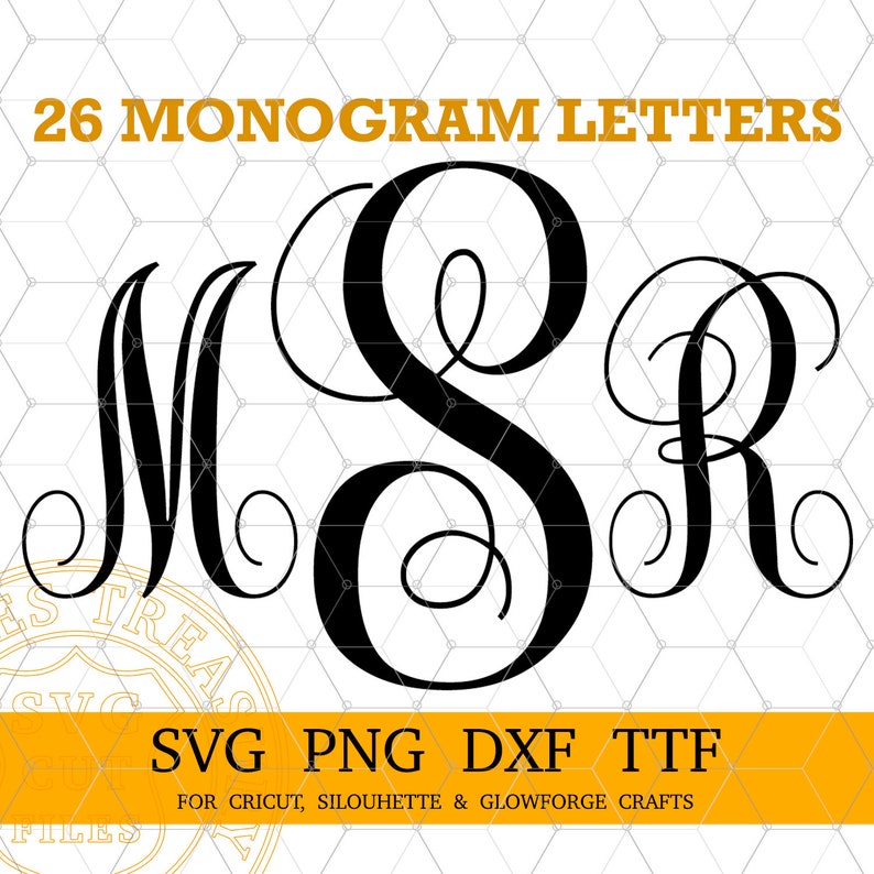 May include: A digital download of 26 monogram letters in a script font. The letters are black and white and are designed for use with Cricut, Silhouette, and Glowforge crafts.