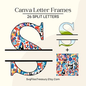 Molduras para letras CANVA - Preencha seu próprio alfabeto com monograma dividido, uso comercial, designs de molduras para fotos Canva editáveis com recurso de arrastar e soltar