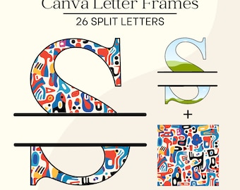 Cornici per lettere CANVA - Completa il tuo alfabeto monogramma diviso, uso commerciale, design di cornici per foto Canva modificabili tramite trascinamento della selezione