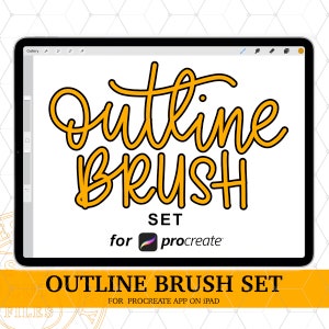 May include: A digital illustration of a yellow outline brush set for the Procreate app on an iPad. The text "outline brush set" is written in black and the text "for procreate" is written in black with a small Procreate logo.