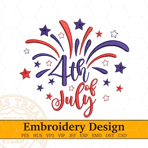May include: Embroidery design featuring a 4th of July theme with a firework design in red and purple with stars. The text "4th of July" is in purple and red.