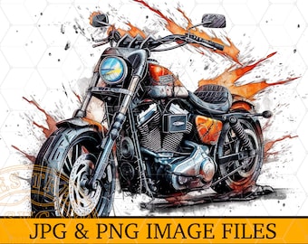 Camiseta con diseño de motocicleta Harley-Davidson en acuarela para sublimación (PNG), imágenes prediseñadas de motocicletas, PNG de motociclistas, imagen de motocicleta, PNG de motociclista