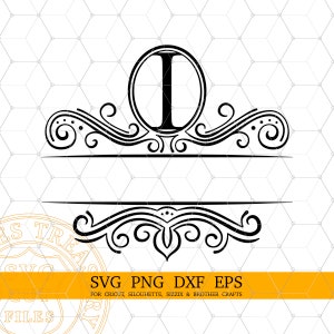 May include: Black and white monogram design featuring the letter "I" inside an oval, with decorative flourishes above and below a horizontal line. The design is for Cricut, Silhouette, Sizzix, and Brother crafts.