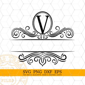 Split Letter V Monogram Svg, Fancy Flourish Letter Svg, Split Last Name Frame, Laser Engraving Cut Dxf Files, Printable Monogram Png Image