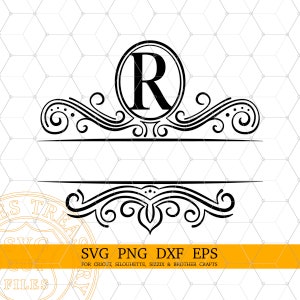 Letra R dividida Monograma Svg, Letra Fancy Flourish Svg, Moldura de sobrenome dividida, Arquivos Dxf de corte de gravação a laser, Imagem PNG de monograma para impressão
