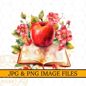 Teacher Sublimation Design Png and Jpg Image Files, Teacher Shirt Gift Red Apple with open Book and Flowers Watercolour Illustration Image