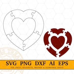 Modelo de quebra-cabeça de coração em coração de casamento Svg, arquivos de corte Dxf de quebra-cabeça de aniversário, arquivos de corte a laser, arquivo de corte de quebra-cabeça em formato de coração, quebra-cabeça de 6 peças