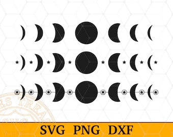 May include: A set of eight black moon phases, including a full moon, crescent moon, and new moon. The moon phases are arranged in a row, with the full moon in the center. The moon phases are surrounded by small stars.