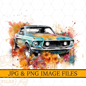 Sublimation Vintage Ford Mustang Image Png and Jpg Files, Floral Watercolour Classic Mustang Illustration Printable Shirt Design, Clipart