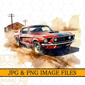 Watercolor Mustang Sublimation Png Classic Retro Mustang Floral Illustration, Printable Design, Road Trip Shirt Design, Mustang clipart