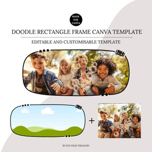 May include: A Canva template featuring a doodle rectangle frame with a black outline. The frame contains a photo of children playing with bubbles in a park. The template is editable and customizable. The text "MADE FOR CANVA" is in a black circle at the top of the image. The text "DOODLE RECTANGLE FRAME CANVA TEMPLATE" is in black text at the top of the image. The text "EDITABLE AND CUSTOMISABLE TEMPLATE" is in black text below the first line of text. The text "BY SVG FILES TREASURY" is in black text at the bottom of the image.