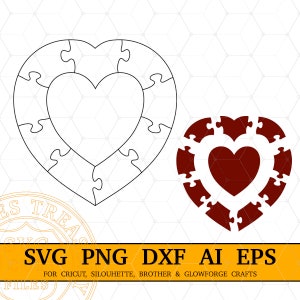 Modelo de quebra-cabeça coração em coração Svg Dxf Arquivos cortados, quebra-cabeça em forma de coração Design de corte a laser - quebra-cabeça de 10 peças