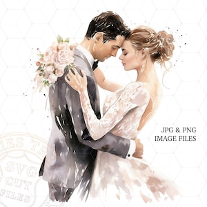 Clipart De Casamento, Noiva E Noivo Ilustração Em Aquarela Png Arquivos, Clipart De Cartão De Convite De Casamento Para Impressão - v004