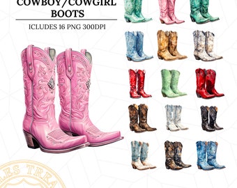 Cowgirl Boots PNG Bundle, Watercolor Cowboy Western Sublimation Png, Western Clipart, Printable Pink, Black, Brown, Blue, Mint Cowgirl Boots