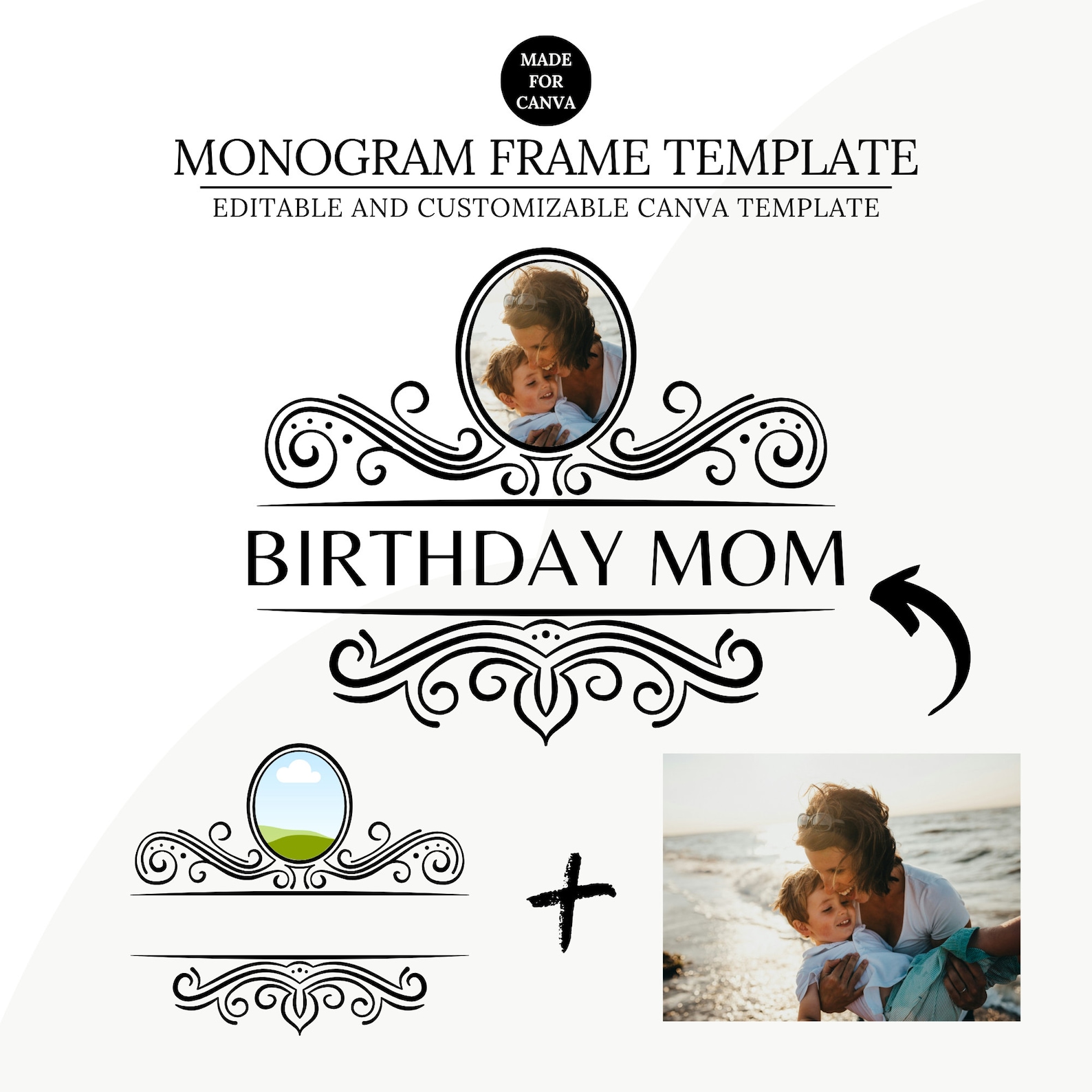 Monogram Divider Split Monogram Frame SVG and Canva Template, Fancy Flourish Name ...