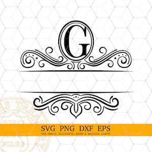 Letra dividida G Monograma Svg, Carta de florescimento extravagante Svg, Moldura de sobrenome dividida, Arquivos Dxf cortados com gravação a laser, Monograma imprimível transparente png