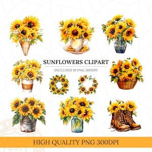Aquarelle Tournesols Clip Art, Couronne de tournesol, Bottes de randonnée, Vase, Pot de fleurs Png, fichiers png de sublimation, Clipart imprimable, Carte d’impression