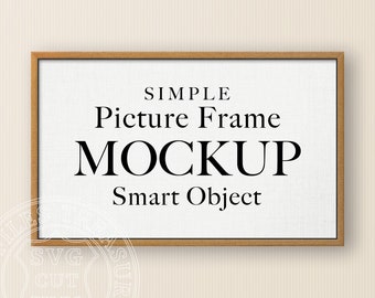 May include: A simple picture frame mockup with a wood frame and a white canvas insert. The text "SIMPLE Picture Frame MOCKUP Smart Object" is printed on the canvas.