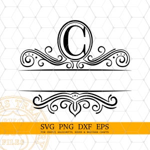 Geteilter Buchstabe C-Monogramm-Svg, ausgefallener Flourish-Buchstabe Svg, Split-Nachnamenrahmen, Lasergravurschnitt-Dxf-Dateien, druckbares Monogramm-Png-Bild