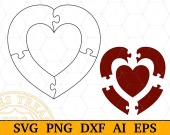 Heart in Heart Puzzle Template Svg, Wedding Puzzle Dxf Cut files, Laser cut files, Heart Shape Jigsaw Puzzle Cut File, 5 pieces puzzle