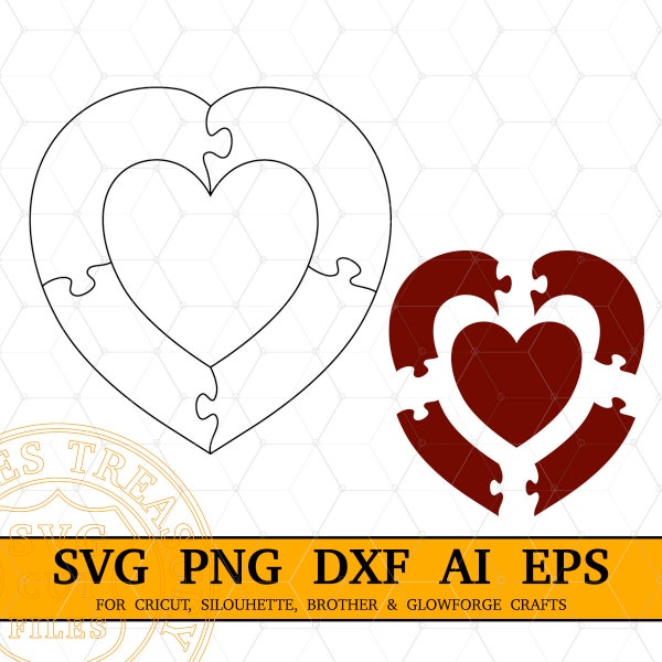 Heart in Heart Puzzle Template Svg, Wedding Puzzle Dxf Cut files, Laser cut files, Heart Shape Jigsaw Puzzle Cut File, 5 pieces puzzle