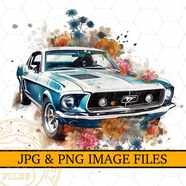 Ford Mustang Sublimation Png Illustration Floral Watercolor Retro Classic Ford Mustang Clipart, Vintage Car Shirt design Png image