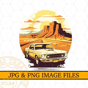 Retro Classic Mustang Shirt Sublimation Design Mustang Graphic Illustration Printable Shirt Design, Route 66 Clipart, Iron-On Image,