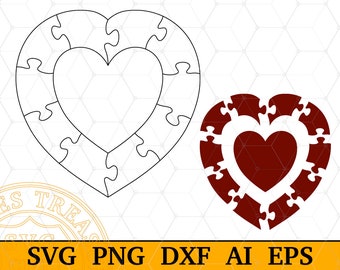 Wedding Anniversary Heart Shaped Puzzle Svg Heart in Heart Puzzle Template, Birthday Puzzle Dxf Laser cut files, 11 pieces puzzle
