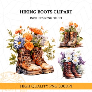 Floral Wanderstiefel Png Clipart Sublimation Aquarell Clipart, Wanderabenteuer Png, Frühling Wanderstiefel Druck direkt auf Stoff Aufbügeln