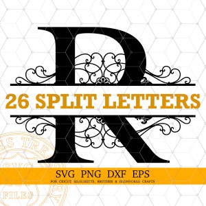 Monograma Svg Dividir letras do alfabeto de nome de família svg png dxf arquivos eps, Letras de quadro de monograma Regal, Letras de nome divididas Arquivos Svg para Cricut