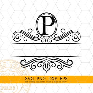 Op de afbeelding: Zwart-wit monograafontwerp met de letter "P" in een cirkel, versierd met versieringen boven en onder. Het ontwerp is geschikt voor gebruik als logo, huwelijksuitnodiging of andere decoratieve doeleinden.