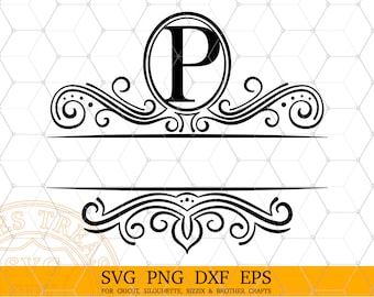 Split Letter P Monogram Svg, Fancy Flourish Letter Svg, Split Last Name Frame, Laser Engraving Cut Dxf Files, Printable Monogram Png Image