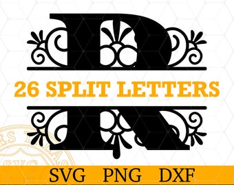Split Floral Vine Monogram Letters SVG, Efternamn Alfabet för Cricut och Silhouette, Digital Nedladdning