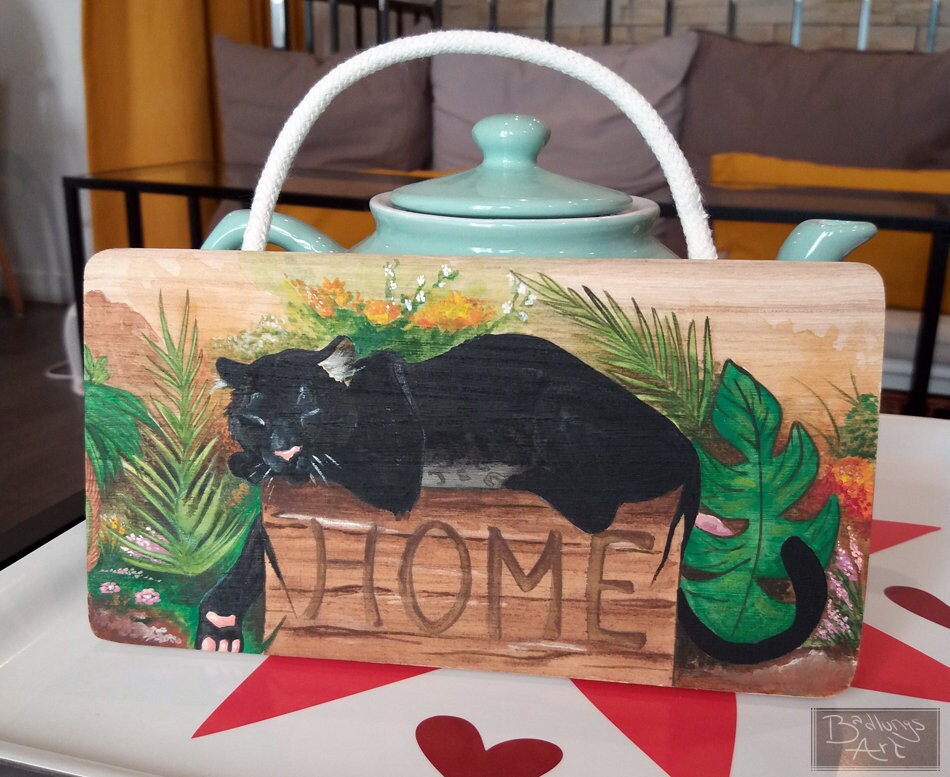 Black Panther Home Sign - Hand Painted Wooden -