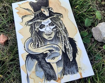 Baron Samedi - Black and white Ink drawing on coffee painted paper